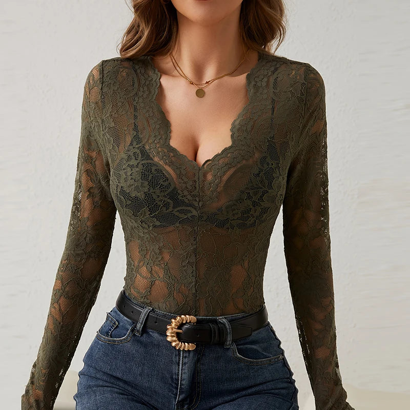 Rhea | Sexy Lace Elegant V Neck Slim Top - TrendHavenCo