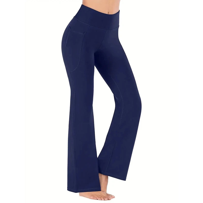 Women's Flared Pants with Pockets, Flared Leg Yoga Pants High Waist Fitness Casual Tummy Tuck Pants - TrendHavenCo