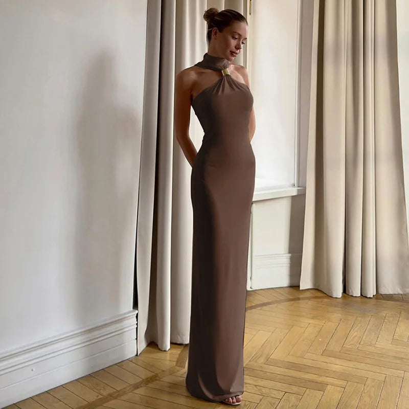 Elegant Metal Ring Turtleneck Maxi Dress for Women Sexy Off Shoulder Sleeveless Holidays Party Dress Summer Bodycon Dress 2025 - TrendHavenCo