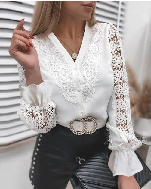 Women Sexy Long Sleeve Shirts Splicing Lace Hollow Out Shirt O-Neck Buttons Hollow Out Sleeve Design Blouse Spring White Vintage - TrendHavenCo