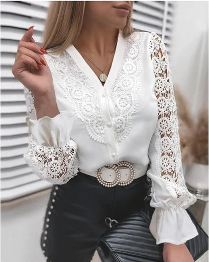 Women Sexy Long Sleeve Shirts Splicing Lace Hollow Out Shirt O-Neck Buttons Hollow Out Sleeve Design Blouse Spring White Vintage - TrendHavenCo
