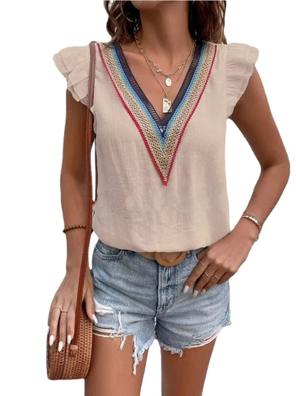 Diane | V-neck Splicing Lace Shirt - TrendHavenCo