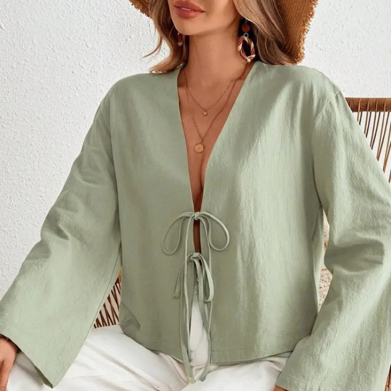 Denise | Sexy Lace Up Hollow Out Shirt V-neck - TrendHavenCo