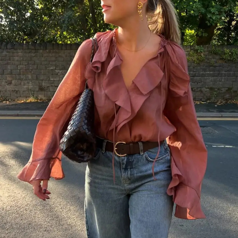 Aleyah | Wine Red Lace Up Ruffles Chiffon Blouse - TrendHavenCo