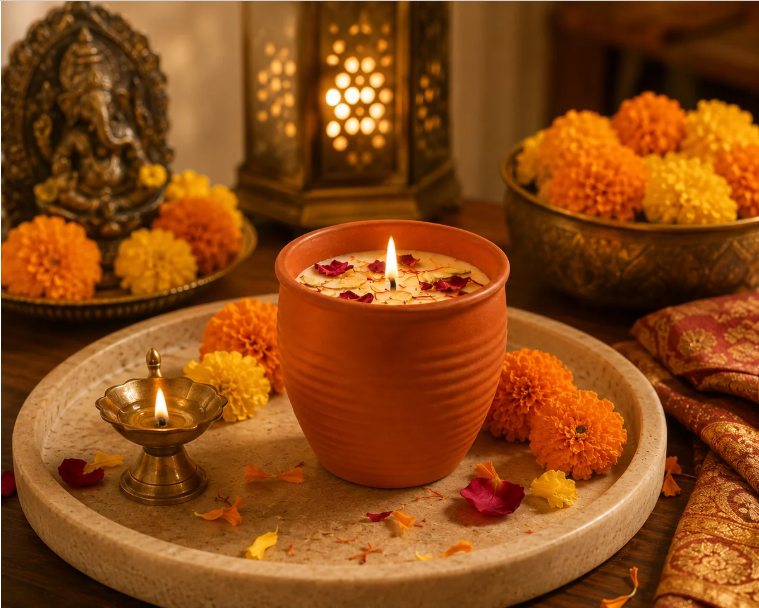 Royal Thandai Candle lit in festive setting